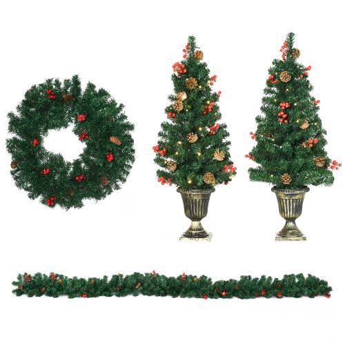 HOMCOM Set de decoratiuni pentru Craciun set 4 piese - coroana de ghirlande si set de 2 copaci cu lumini LED | AOSOM RO