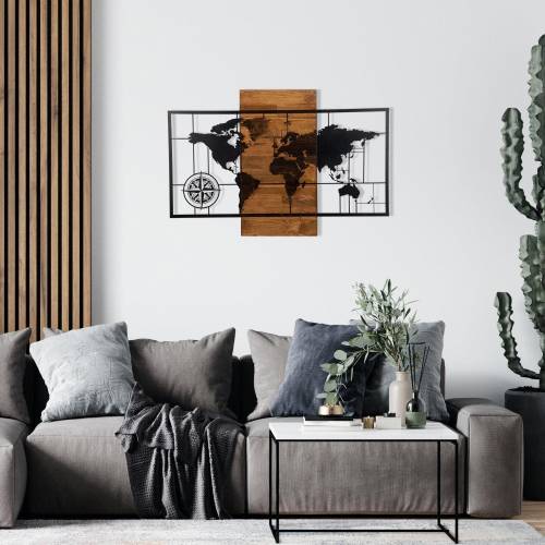 Decoratiune de perete lemn Harta Lumea - Negru - 85 x 58 x3 cm