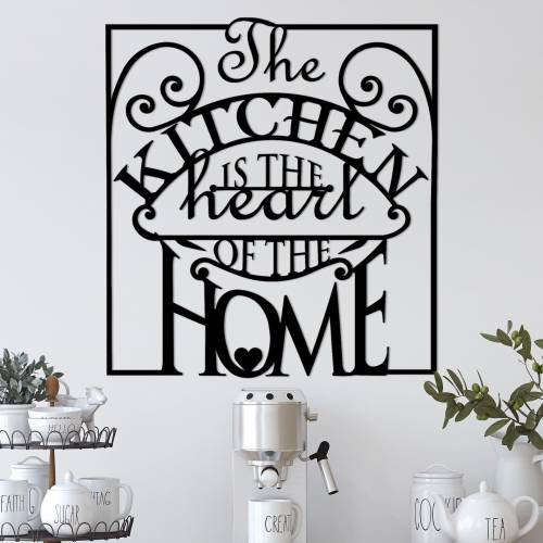 Decoratiune de perete Metal The Kitchen Is The Heart Of The Home - Negru - 015x53x56 cm