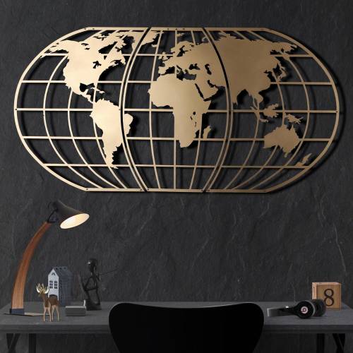 Decoratiune de perete Metal World Map Globe - Gold - Aur - 120x1x60 cm
