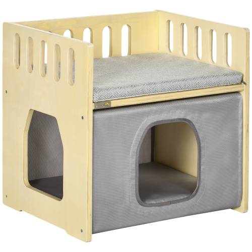 PawHut Casa pentru pisici cu 2 niveluri - cu perne detasabile si sine de siguranta - 48x38x47 cm - lemn - alb si gri | Aosom RO