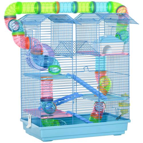 PawHut Pet Cusca pentru hamsteri pentru animale domestice 5 etaje cu roti tub sticla de apa farfurii scara casa din metal PP PS albastra