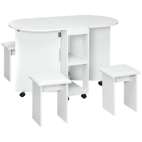 Set de masa pliabil pentru 4 persoane - cu 5 piese - scaune de sufragerie tapitate - cu rafturi de depozitare si 6 roti - alb HOMCOM | Aosom RO