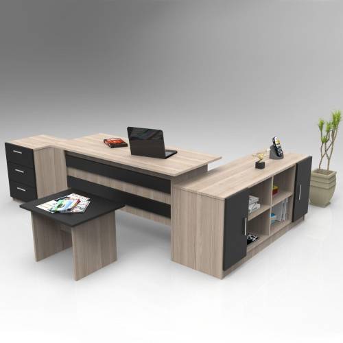 Set de mobilier de birou Bexon - Nuc - Alb - Stejar - Birou - Comoda - Rollbox - Masuta