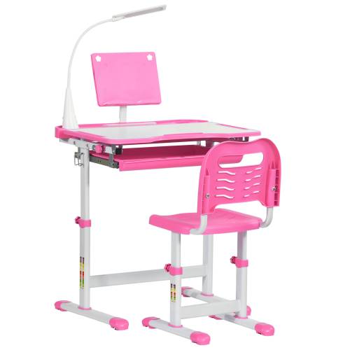Banca scoala cu scaun HOMCOM pentru copii de 6-12 ani - inaltime reglabila - lampa LED - otel si MDF - roz | Aosom RO