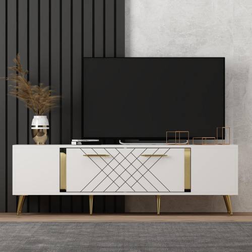 COMODA TV Detas - White - Gold - Alb - 150x48x35 cm
