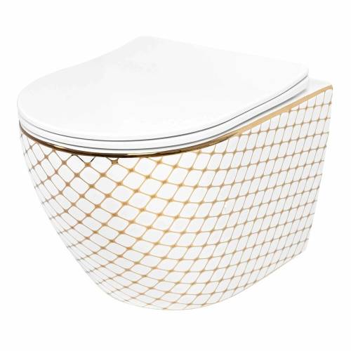 Set vas wc suspendat Rea Carlos Flat Diamond alb - auriu cu capac softclose