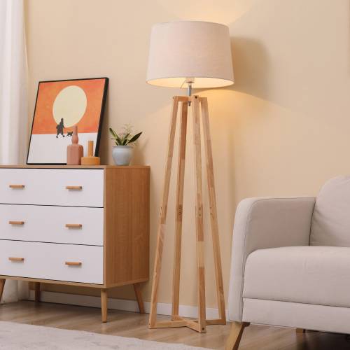 HOMCOM Lampa de podea design scandinav - lampa de podea din lemn si material cu efect de in alb - pentru camera de zi si dormitor - E27 - 40W